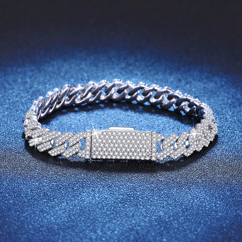 Fashionable new S925 sterling silver bracelet with moissanite, hip-hop Cuban chain, fully studded with moissanite, women's wholesale