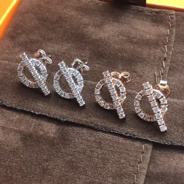 High quality and high version Hermes earrings with pig nose and full diamond Q-shaped earrings electroplated with 18K real gold