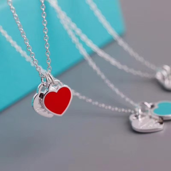 Classic Brand Tiffany Necklace Classic Blue Enamel Double Heart Pendant Necklace Factory Direct Sales Free Shipping