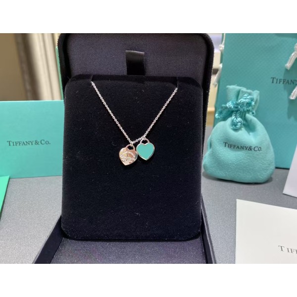 Classic Brand Tiffany Necklace Classic Blue Enamel Double Heart Pendant Necklace Factory Direct Sales Free Shipping 