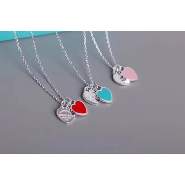 Classic Brand Tiffany Necklace Classic Blue Enamel Double Heart Pendant Necklace Factory Direct Sales Free Shipping